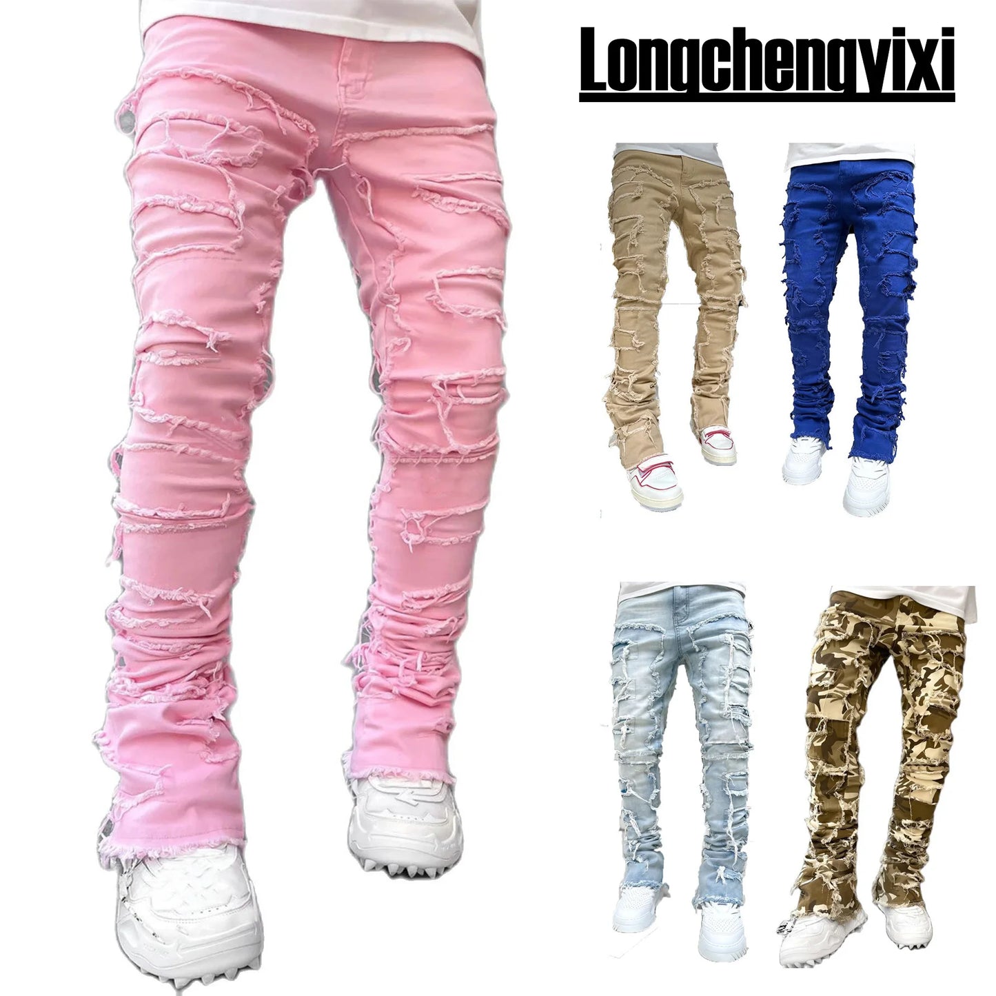 Men's Ripped Stacked Slim Fit Denim Jeans