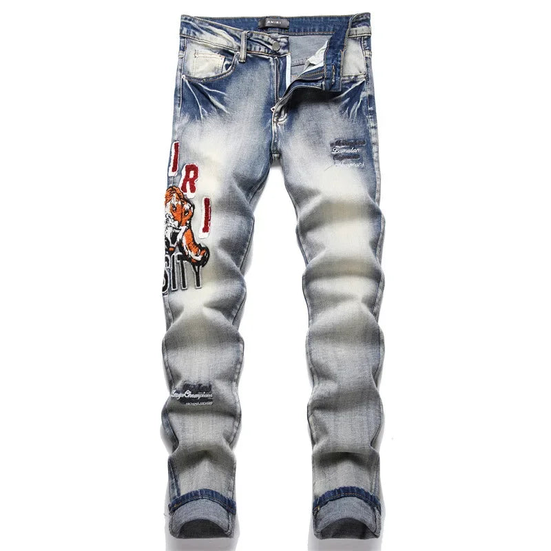 Men's Blue Embroidered Mid-Waist Jeans