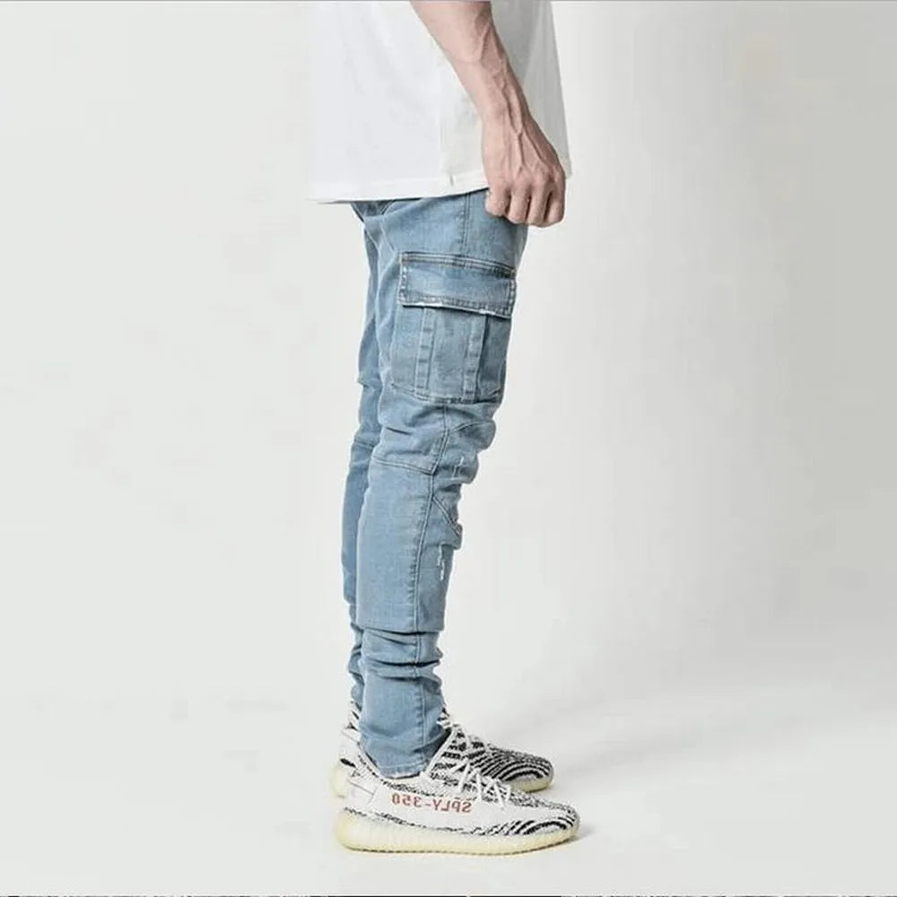 Men's Slim Fit Multi-Pocket Denim Cargo Pants