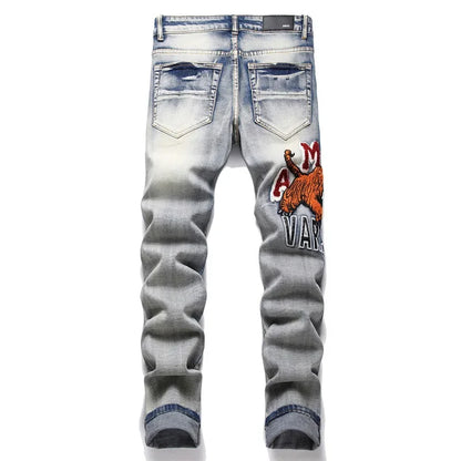 Men's Blue Embroidered Mid-Waist Jeans