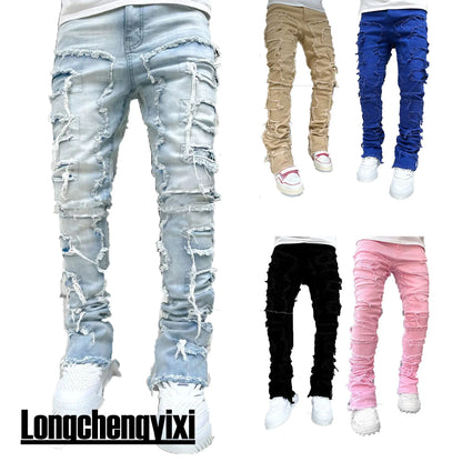 Men's Ripped Stacked Slim Fit Denim Jeans