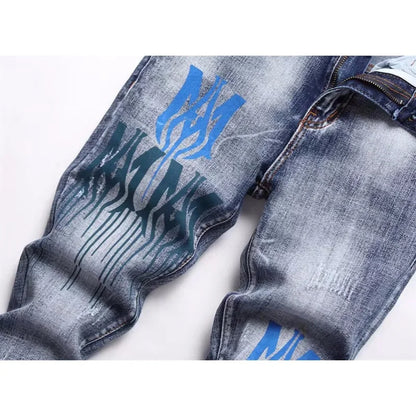 Men's Slim Fit Stretch Denim with Perforated Print